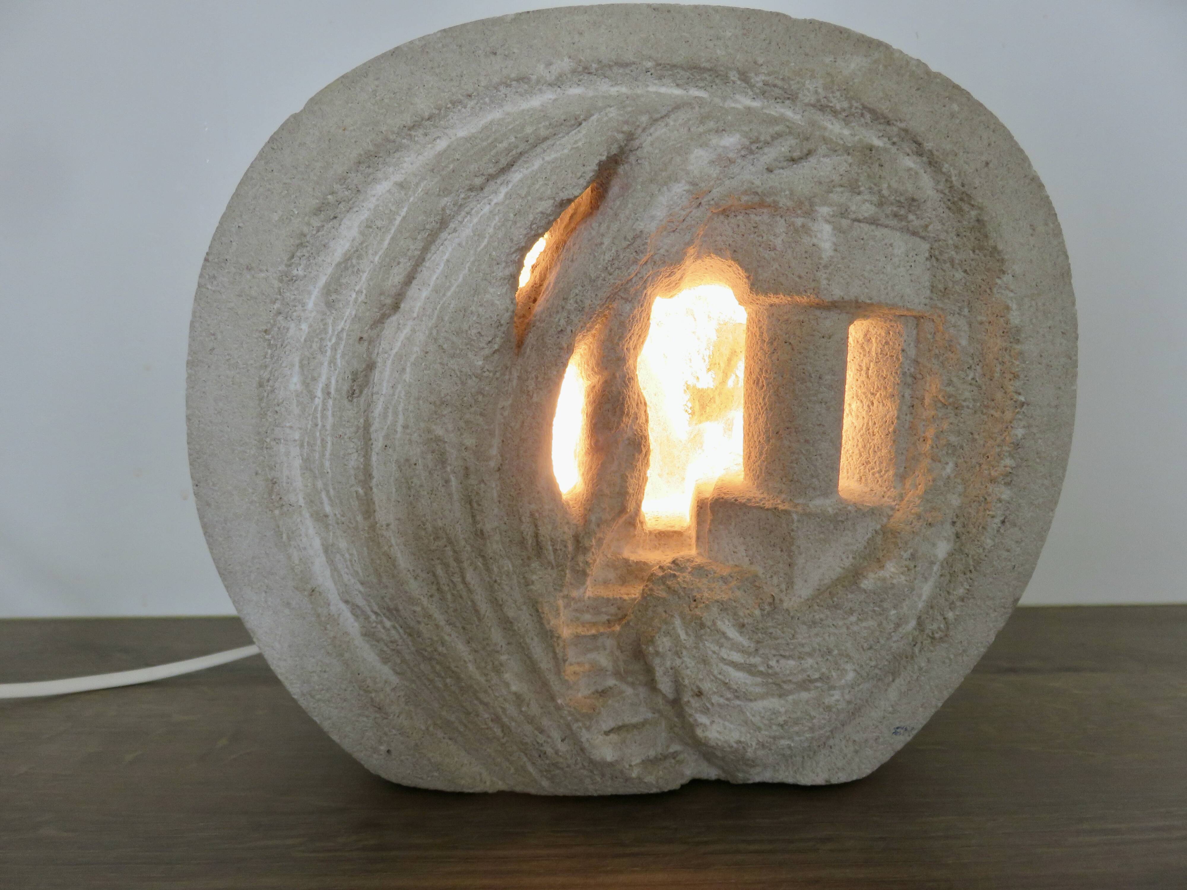 Stone lamp sculpture by Arsène Galisson, signed 1980.