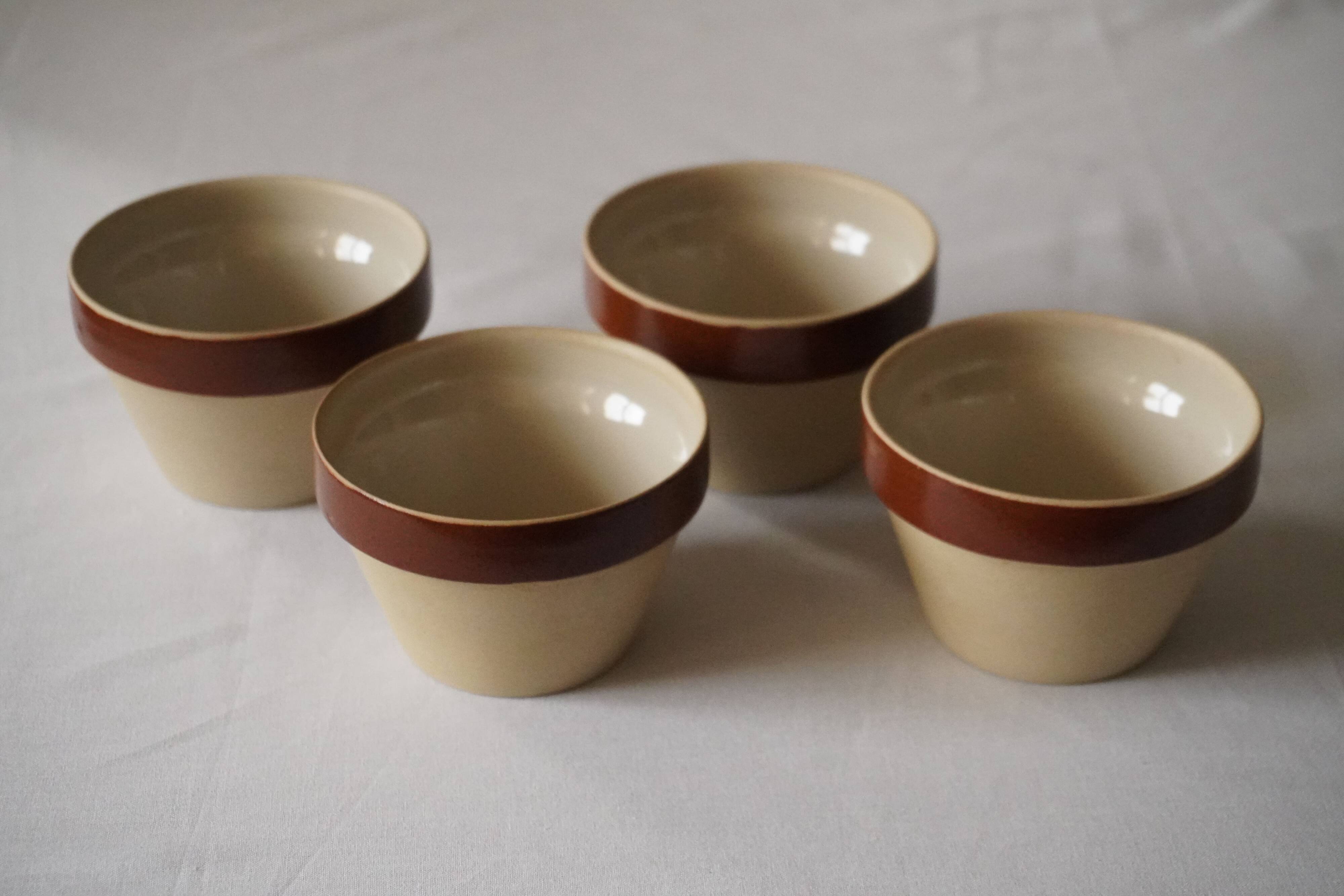 Set of 4 small stoneware bowls, beige and brown, Digoin France