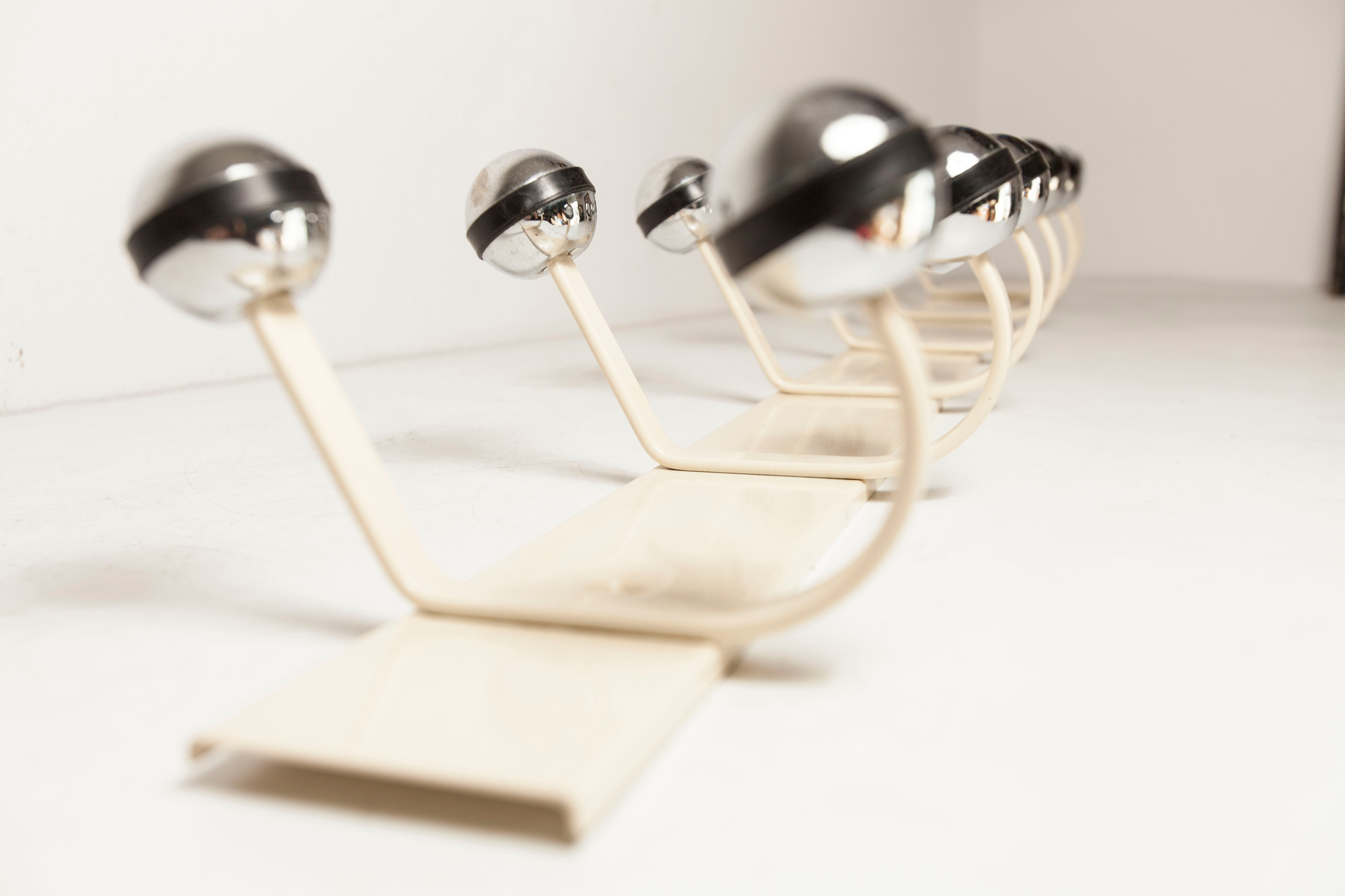 Wall coat rack 12 hooks balls 1970 beige and chrome