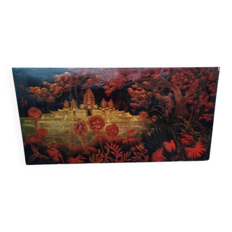 Antique lacquered wooden panel "The Temple of Angkor" 1920