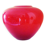 Pot-bellied, art deco vase in speckled ruby red multi-layered glass, white interior