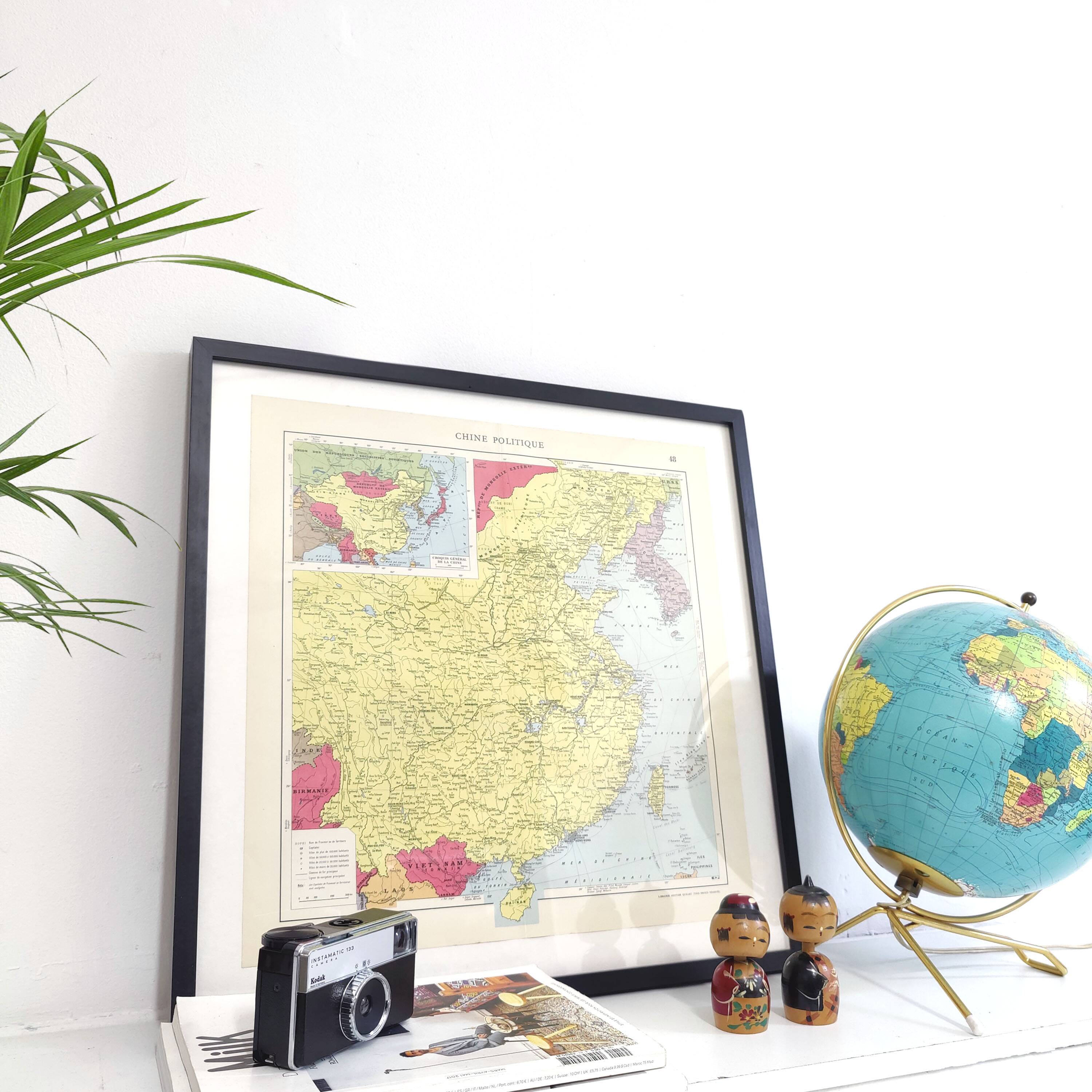 Vintage map Asia China Korea 43x43cm from 1950