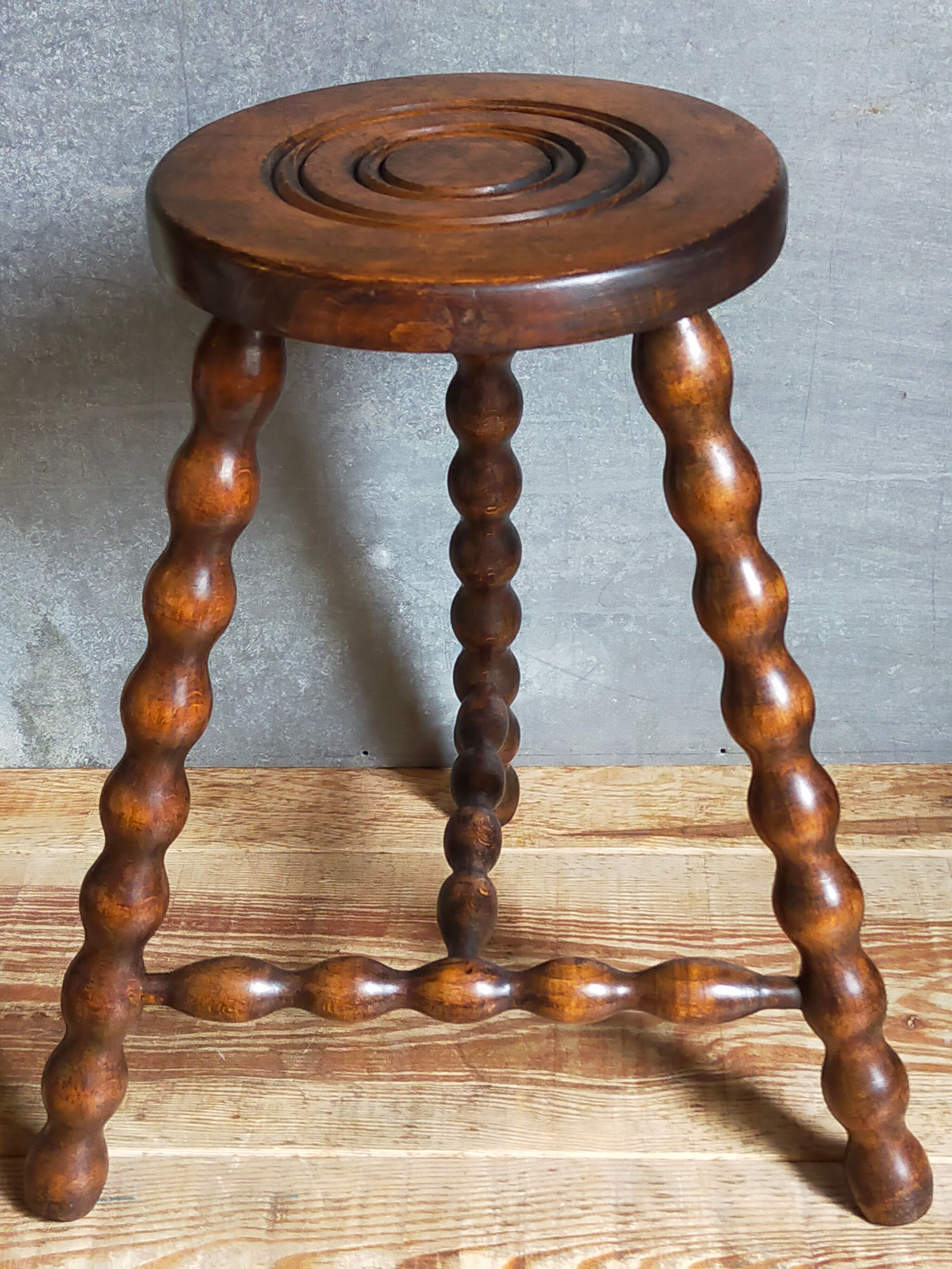 Tripod stool solid wood turned vintage