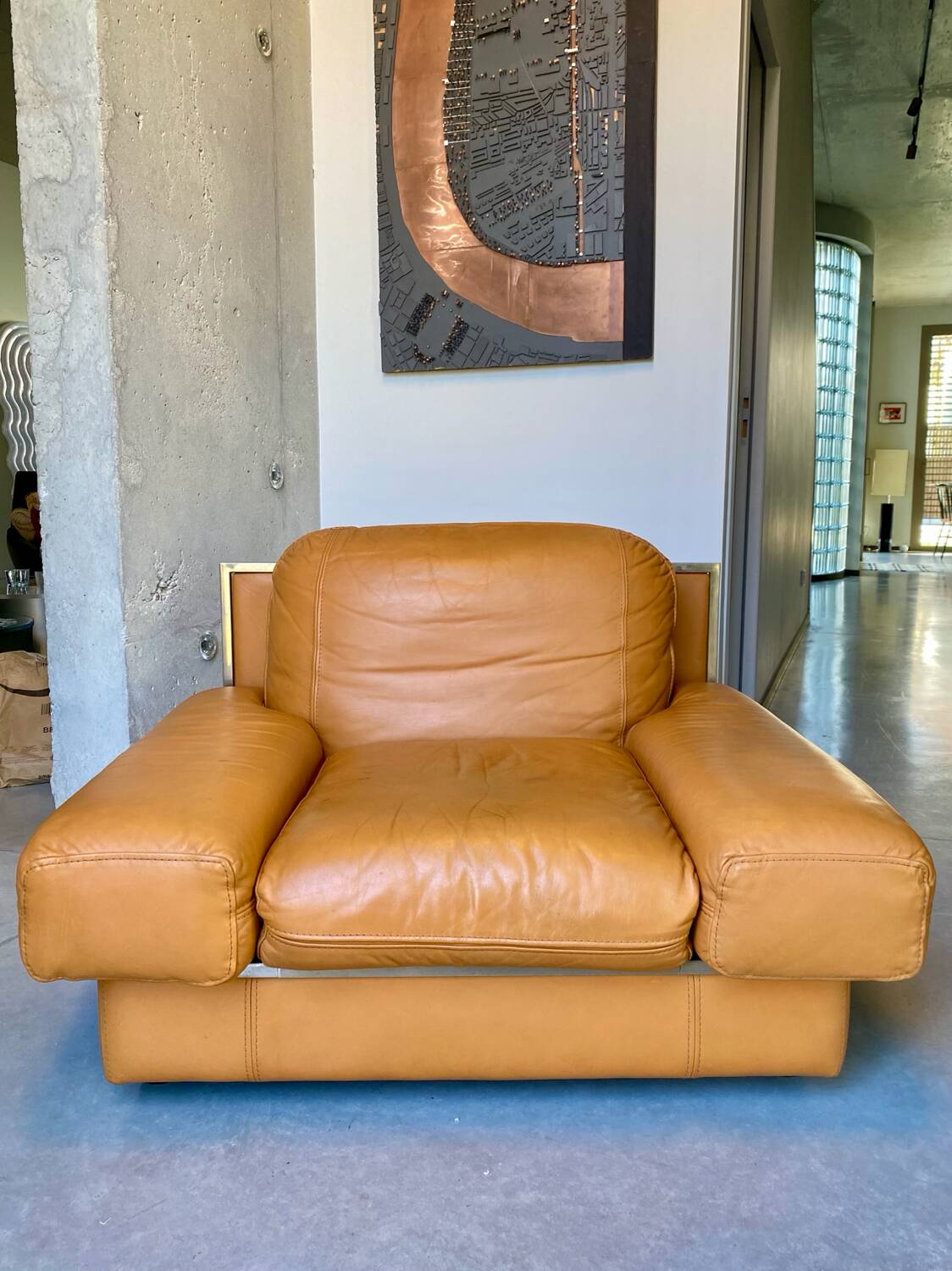 Fauteuil vintage Steiner en cuir havane