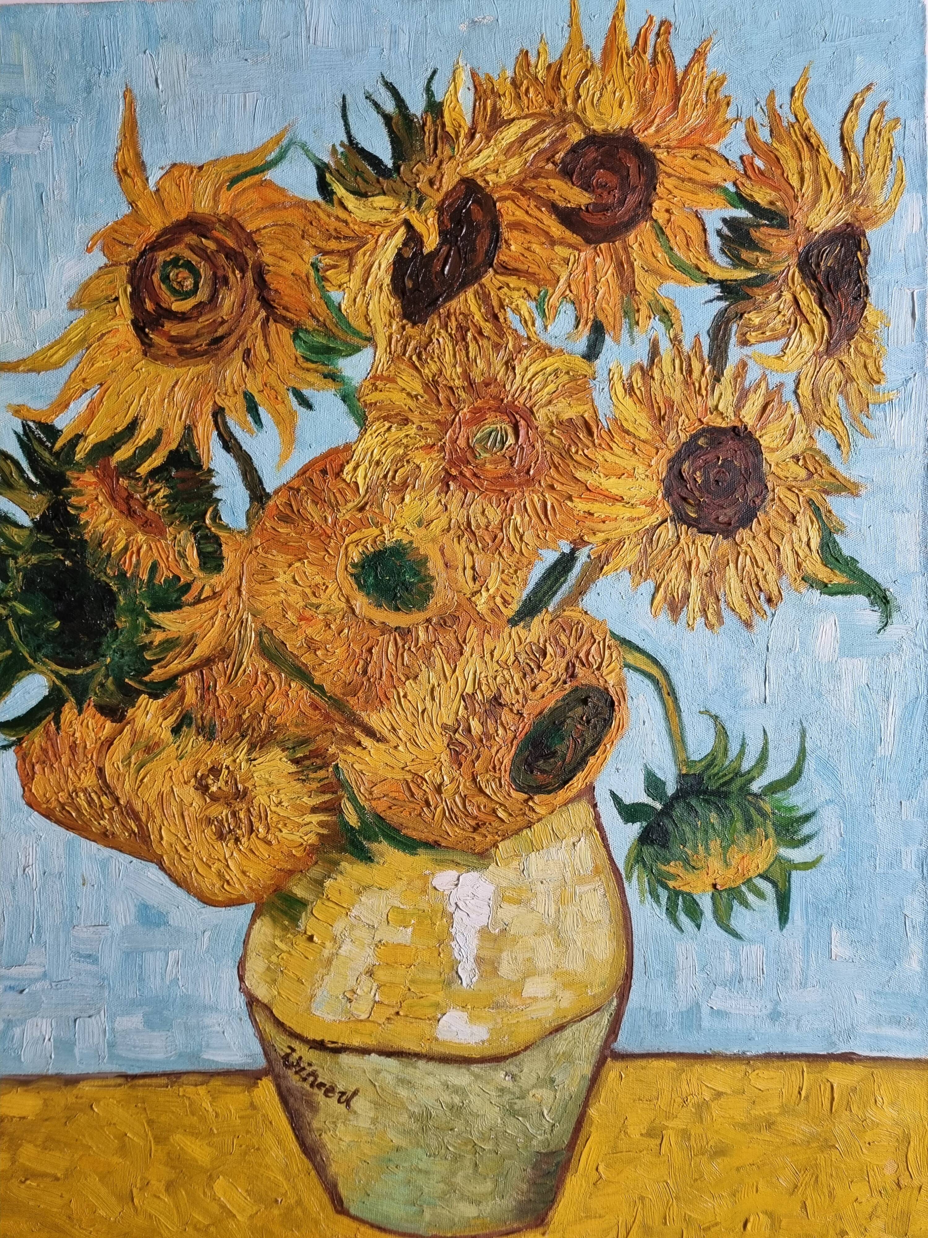 Tableau librement inspiré des tournesols, huile sur toile, 65 cm