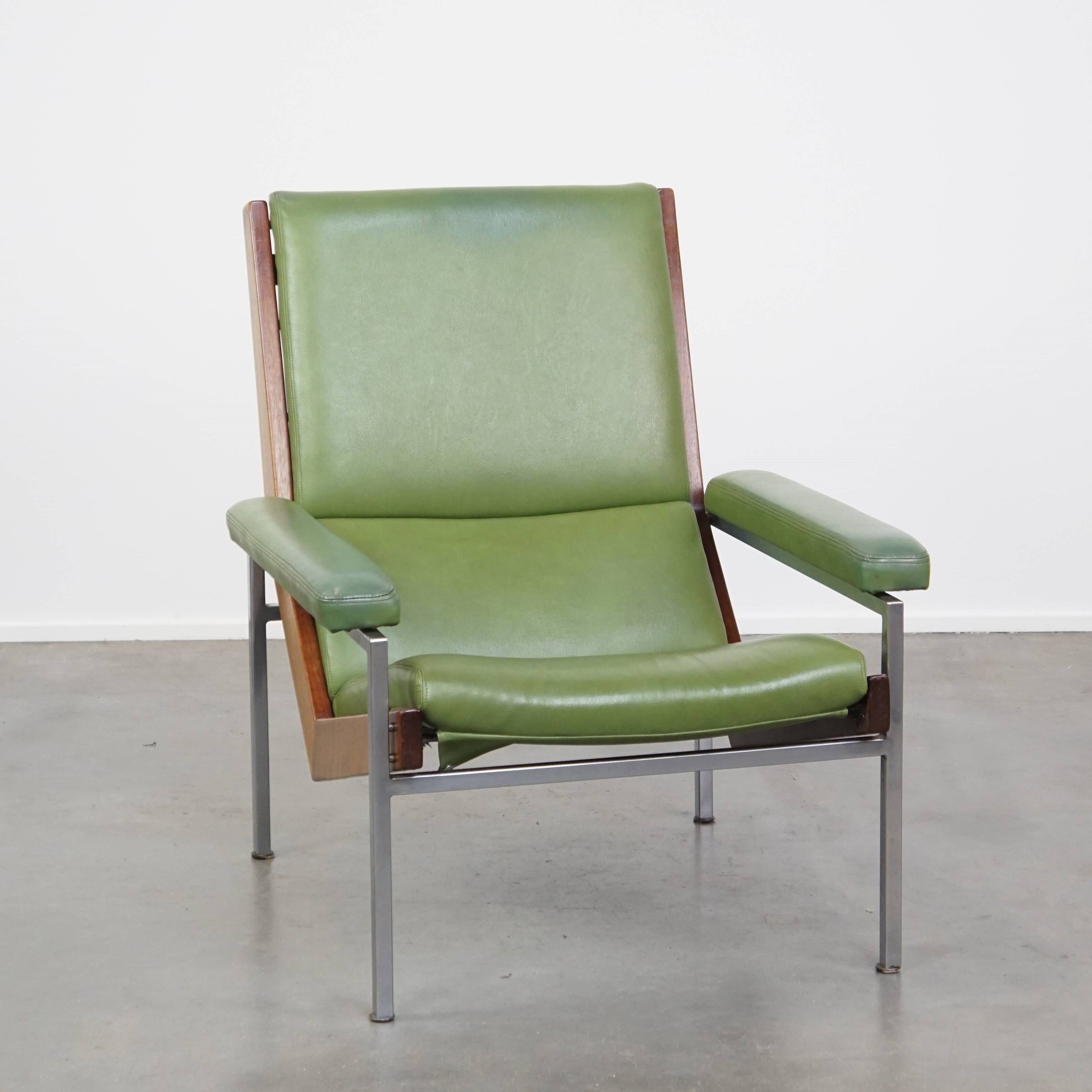 Green cowhide Leather and Wooden Vintage Armchair