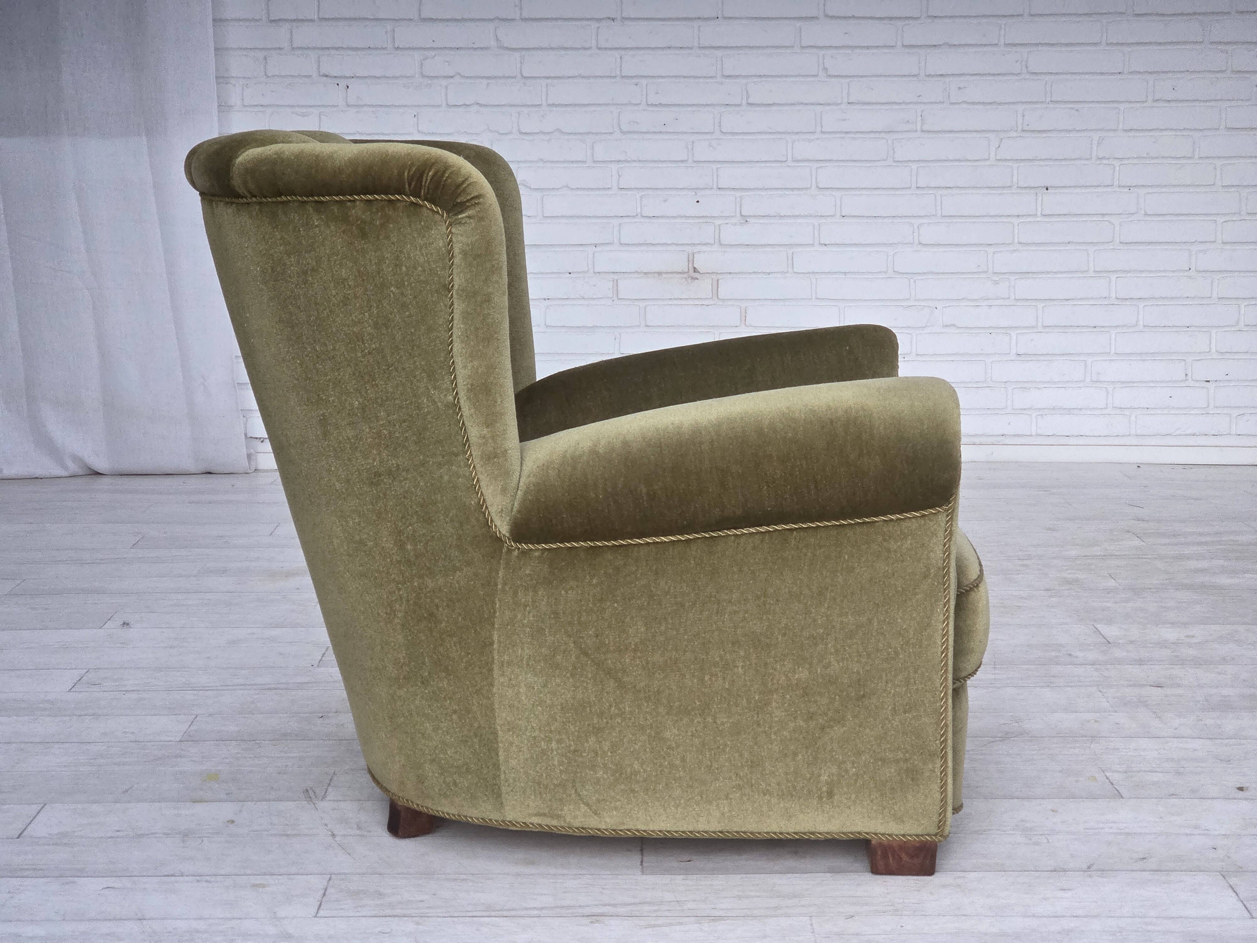 1960s, Danish relax armchair, original green furniture velour, beech wood.
