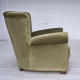 1960s, Danish relax armchair, original green furniture velour, beech wood.