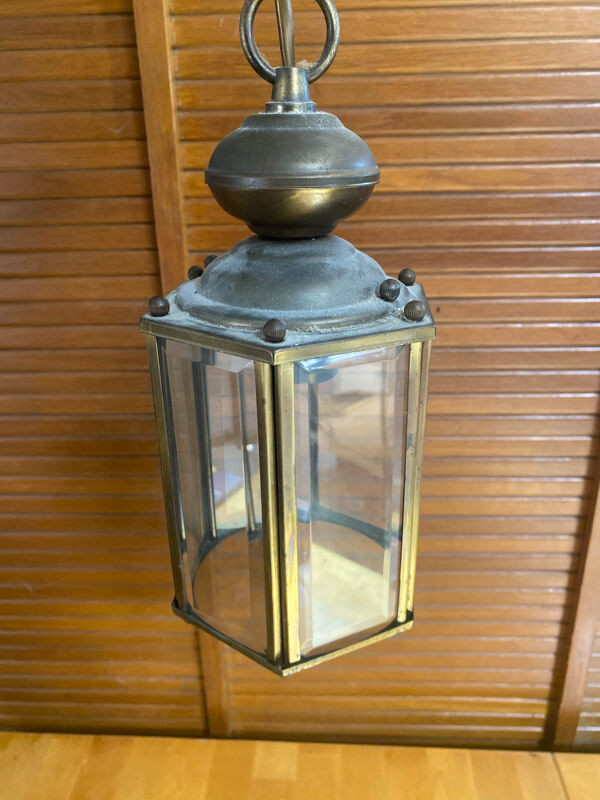 Suspension Ancienne Lanterne De Vestibule Laiton + Verre Biseauté Vint