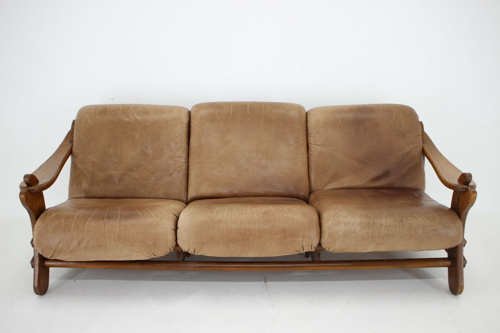 1970s Brutalist Dutch Oak and Leather 3 Seater Sofa