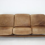 1970s Brutalist Dutch Oak and Leather 3 Seater Sofa
