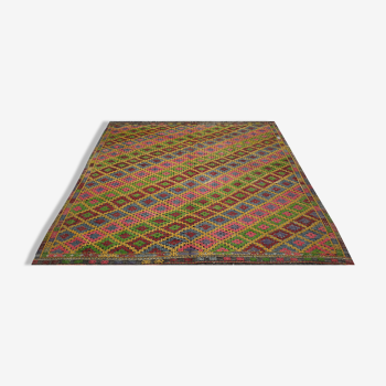 Tapis Kilim 7.9x6.8 pieds 242x207 cm Tapis de salon, Tapis décoratif turc vintage, Rouge fait à la main