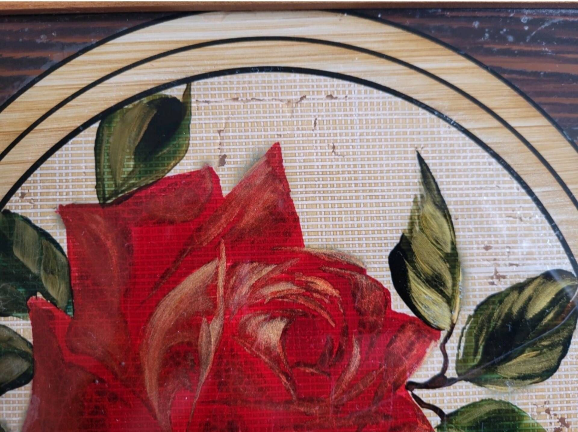 Art deco plateau, signed pola, painted glass, bamboo and rice straw.