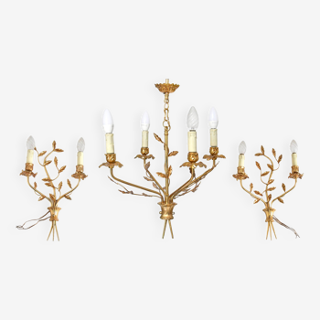 Chandelier and its pair of golden metal sconces