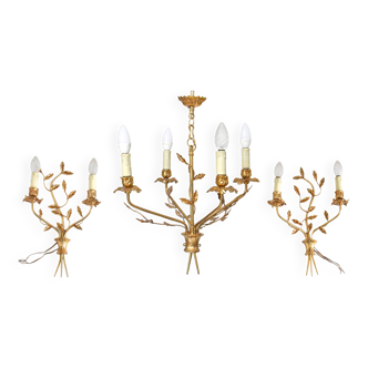 Chandelier and its pair of golden metal sconces