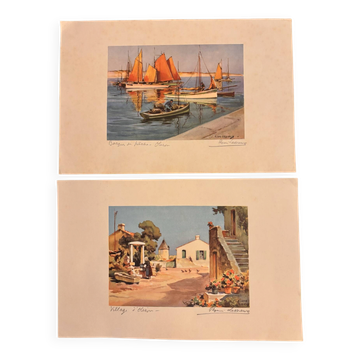 2 Estampes Anciennes / Lithographies. Île d'Oléron par Louis Lessieux
