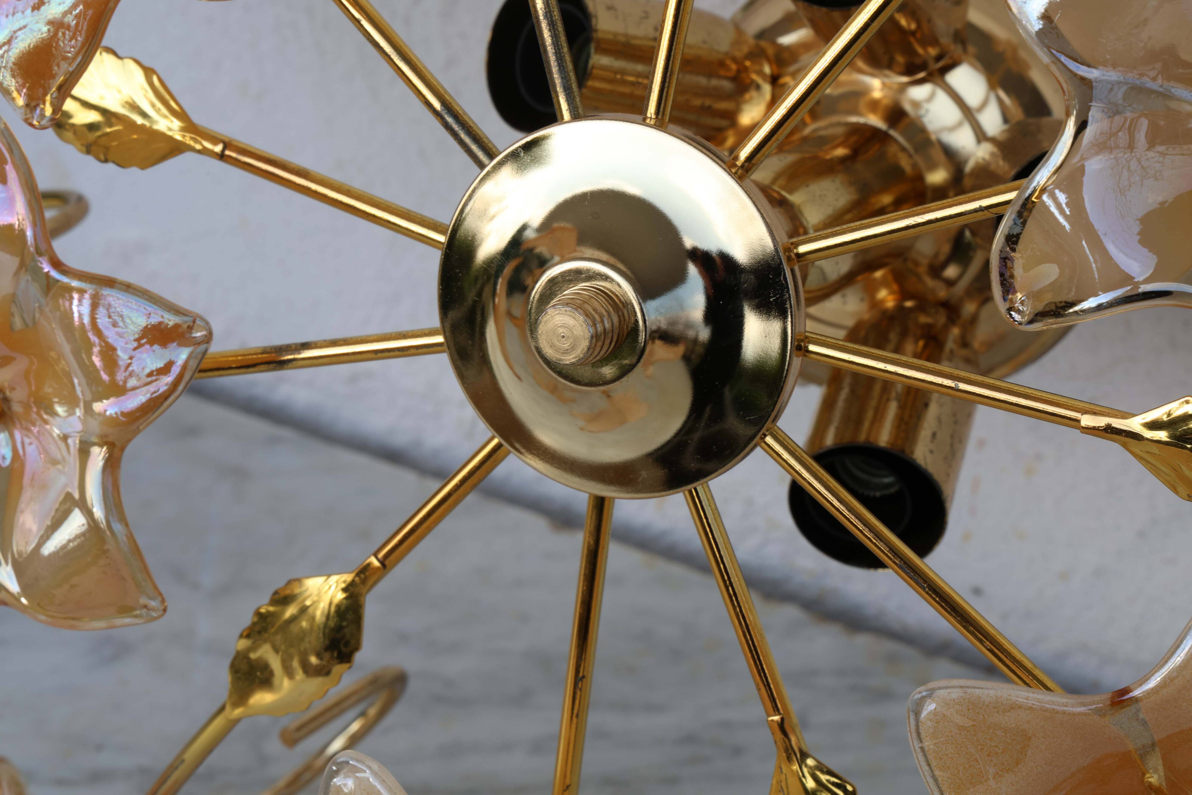 Murano Vintage Ceiling Light Orange Iridescent Flowers, 1970s