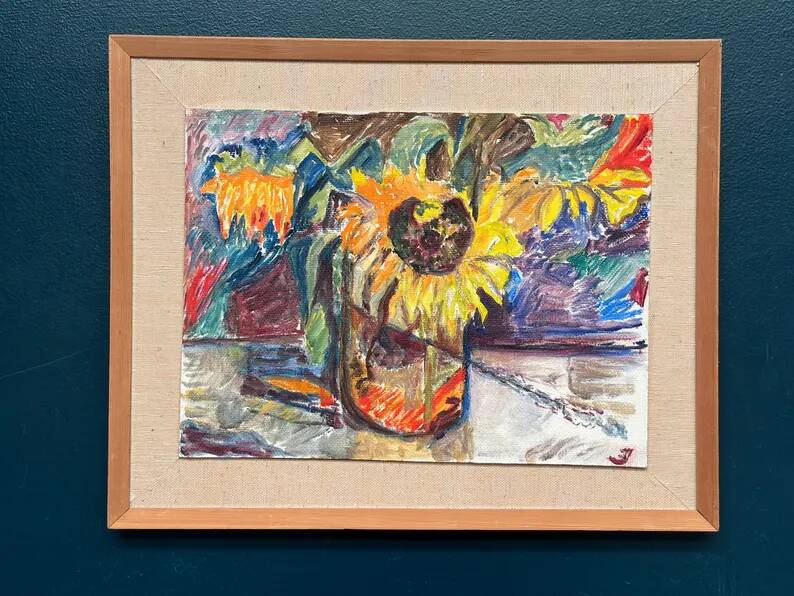 Original Swedish Oil on Panel – “Sunflowers” – Monogram Signed – Vintage & Framed