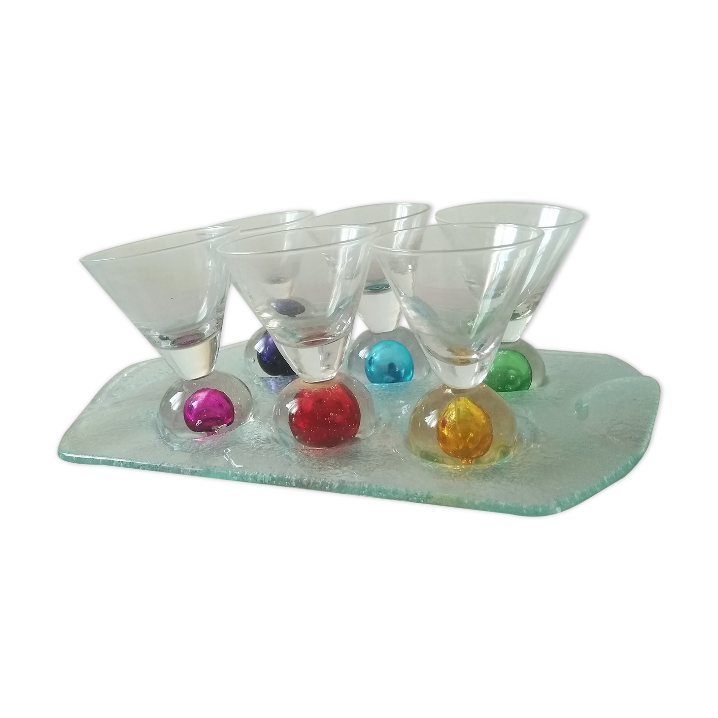 Box 6 liqueur glasses, colored ball base + serving tray, new