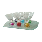 Box 6 liqueur glasses, colored ball base + serving tray, new