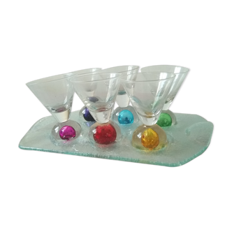 Box 6 liqueur glasses, colored ball base + serving tray, new