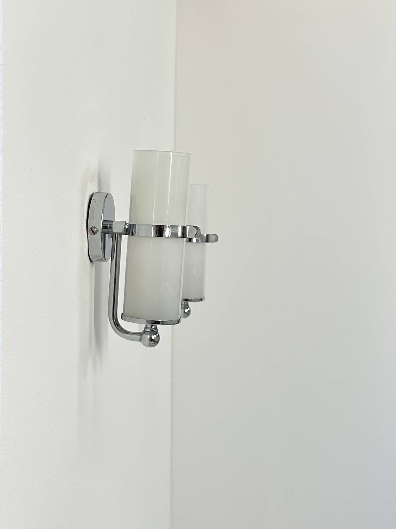 Pair of vintage wall lights, chrome and opaline, France, 1970.