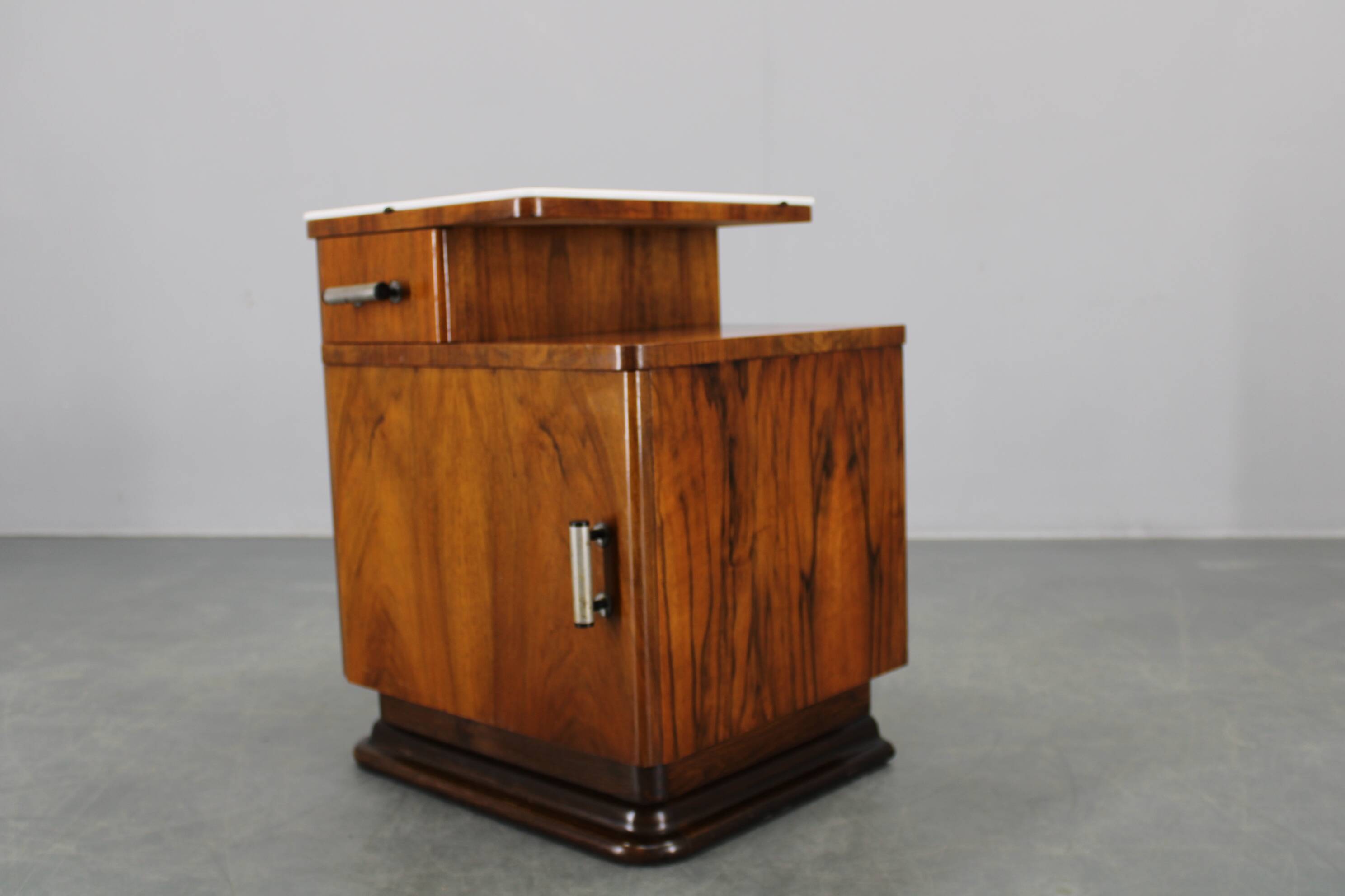 1940s night stand in walnut finish with glass top, Czechoslovakia