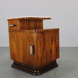 1940s night stand in walnut finish with glass top, Czechoslovakia
