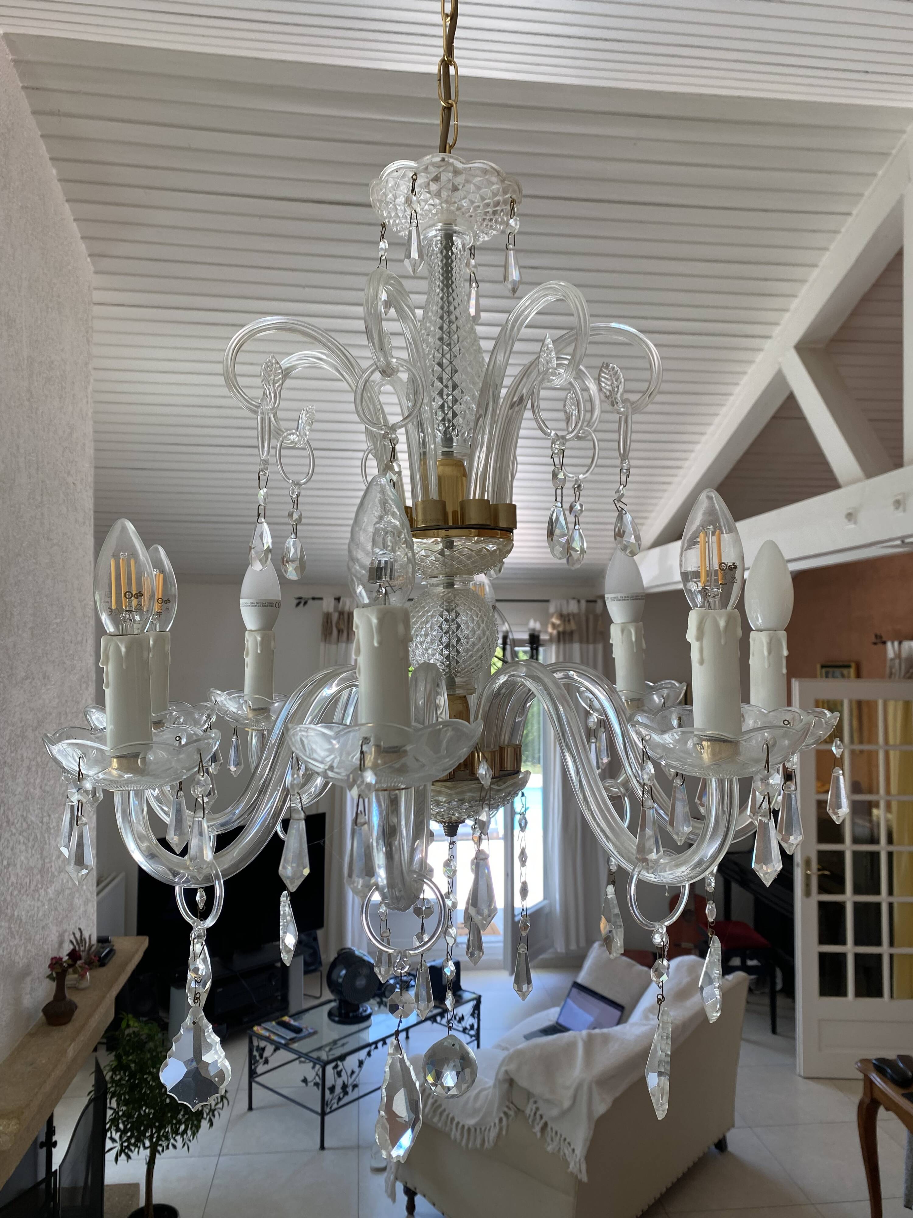 Lustre Murano verre soufflé 8 bras pendeloques cristal