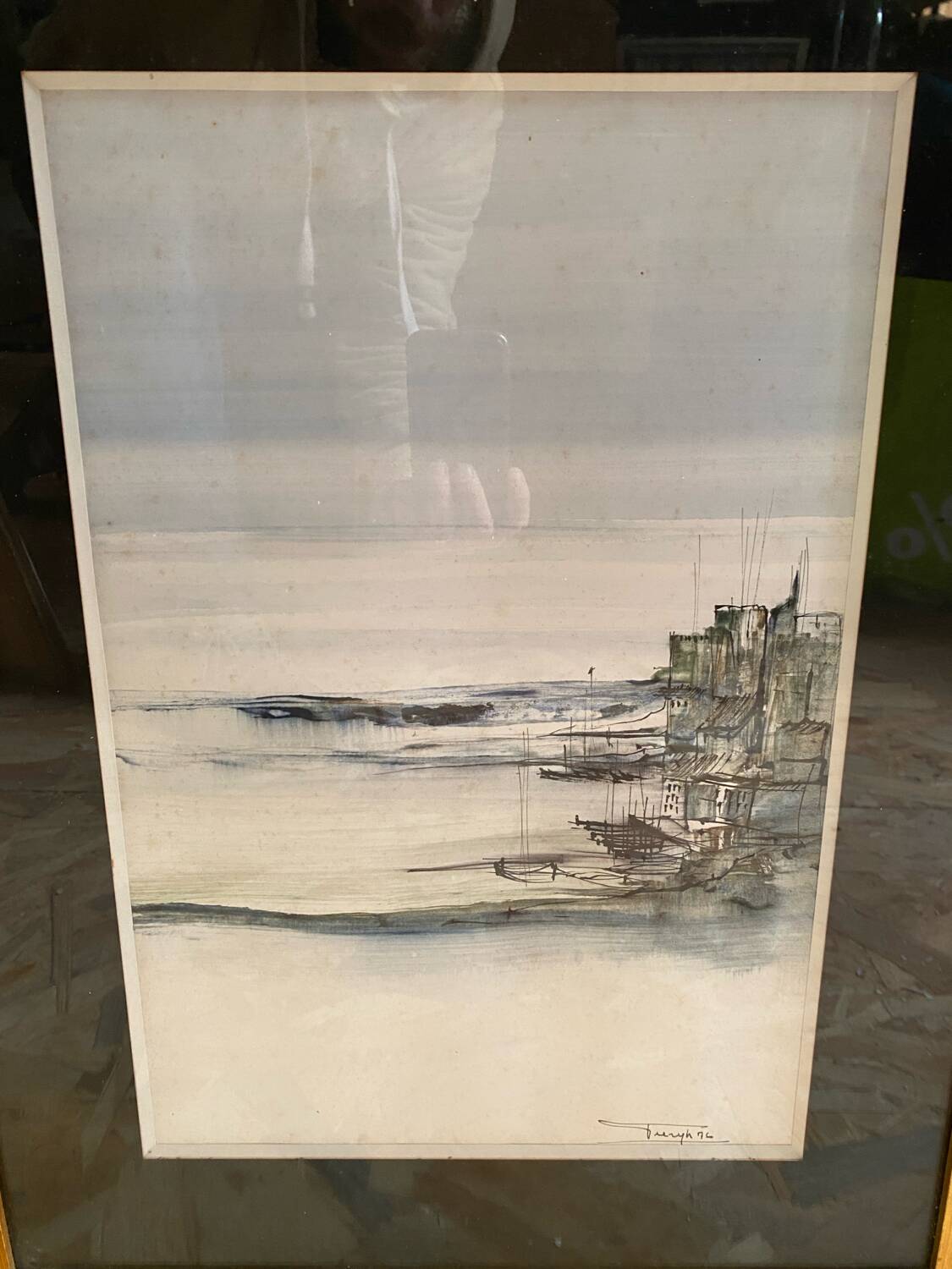 Old ink painting seaside view signed + golden wood frame