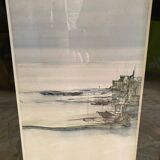 Old ink painting seaside view signed + golden wood frame