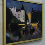 Swedish artist, scandinavian modern city landscape, 1970s, oil on canvas, signed,  framed