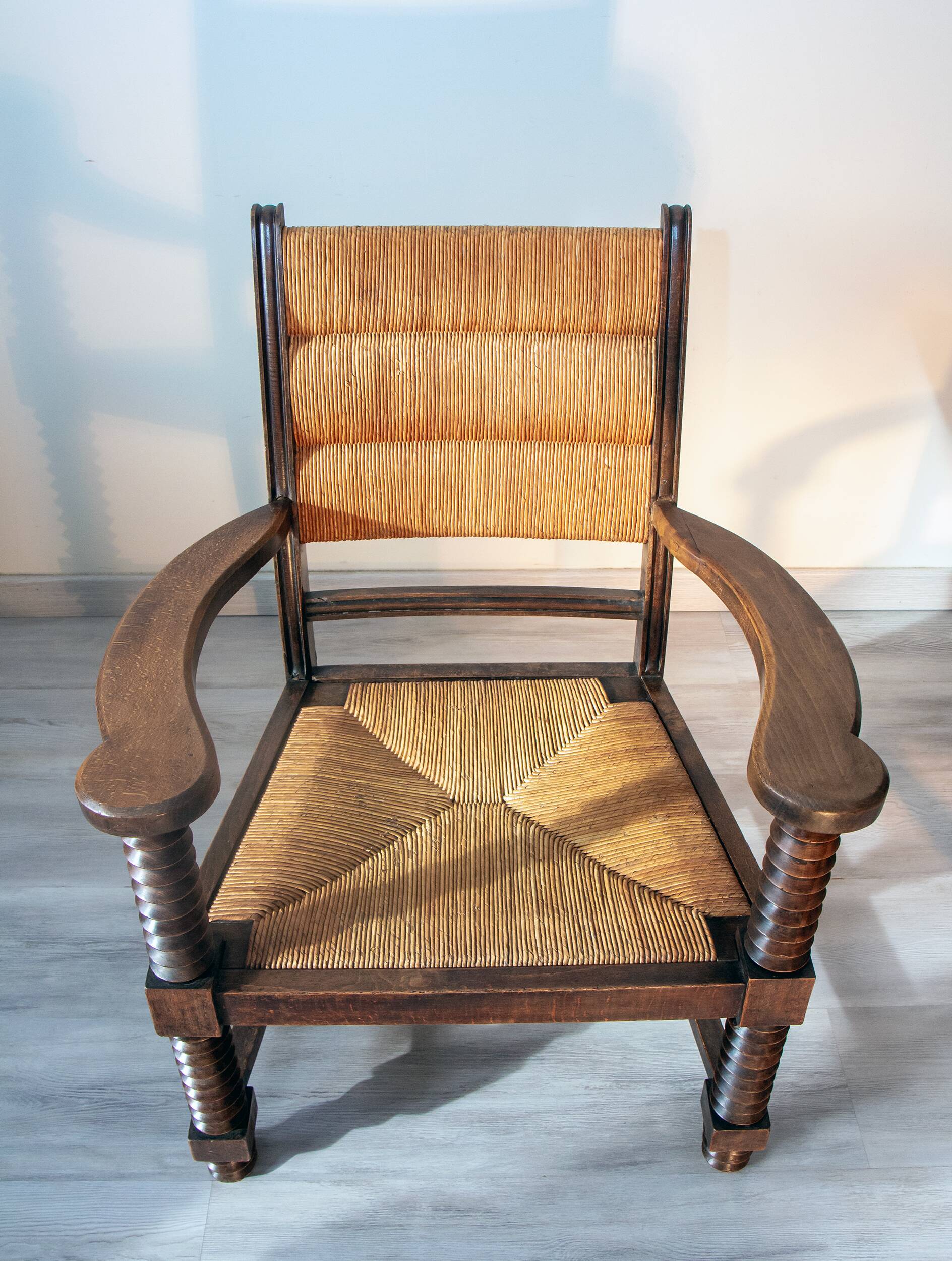 Armchair in oak and rush, brutalist style, designed by Charles Dudouyt, 1940s