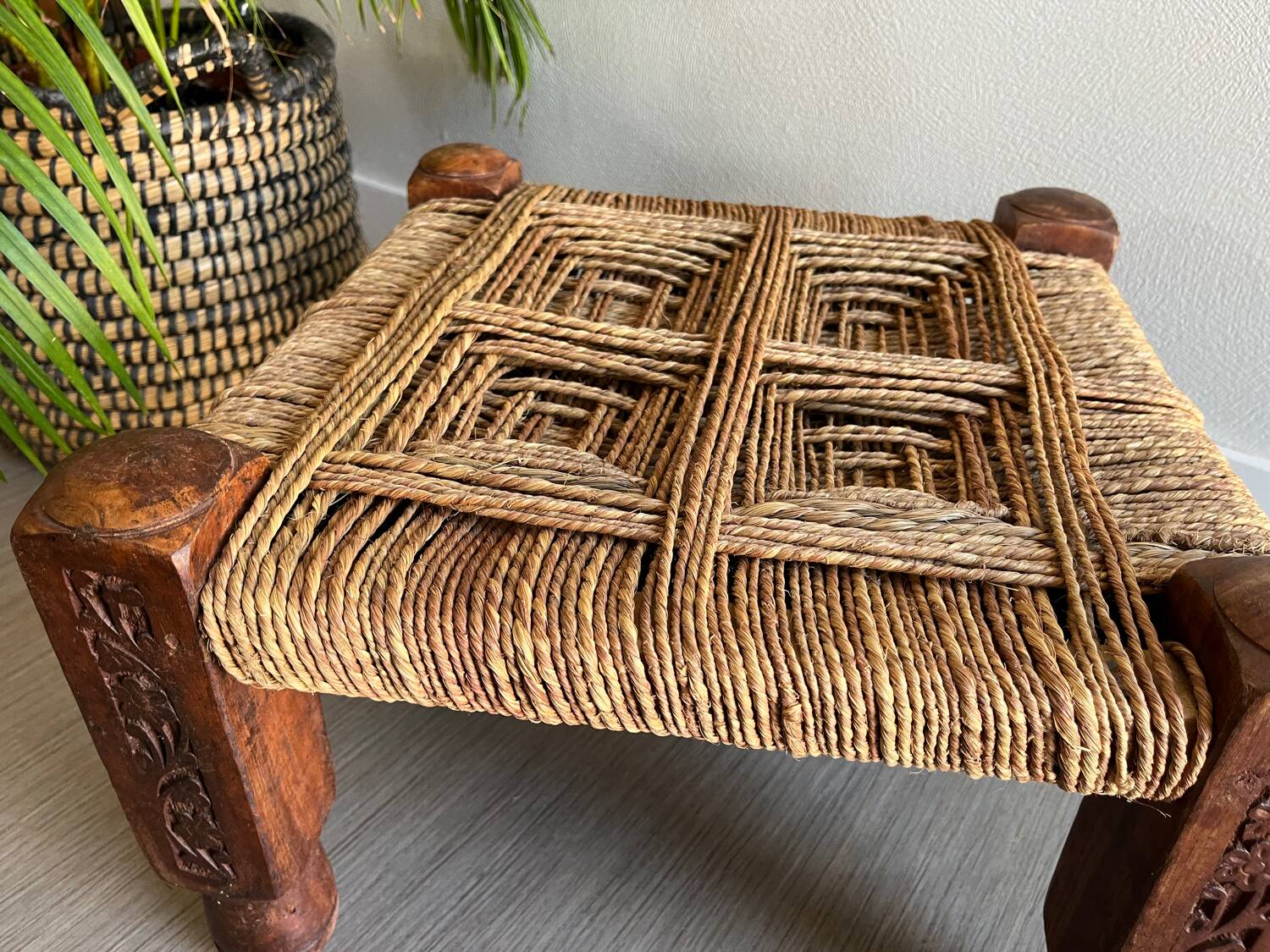 Charpoy stool in wood and rope