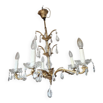 Antique chandelier with pendants, in bronze and glass pendants.