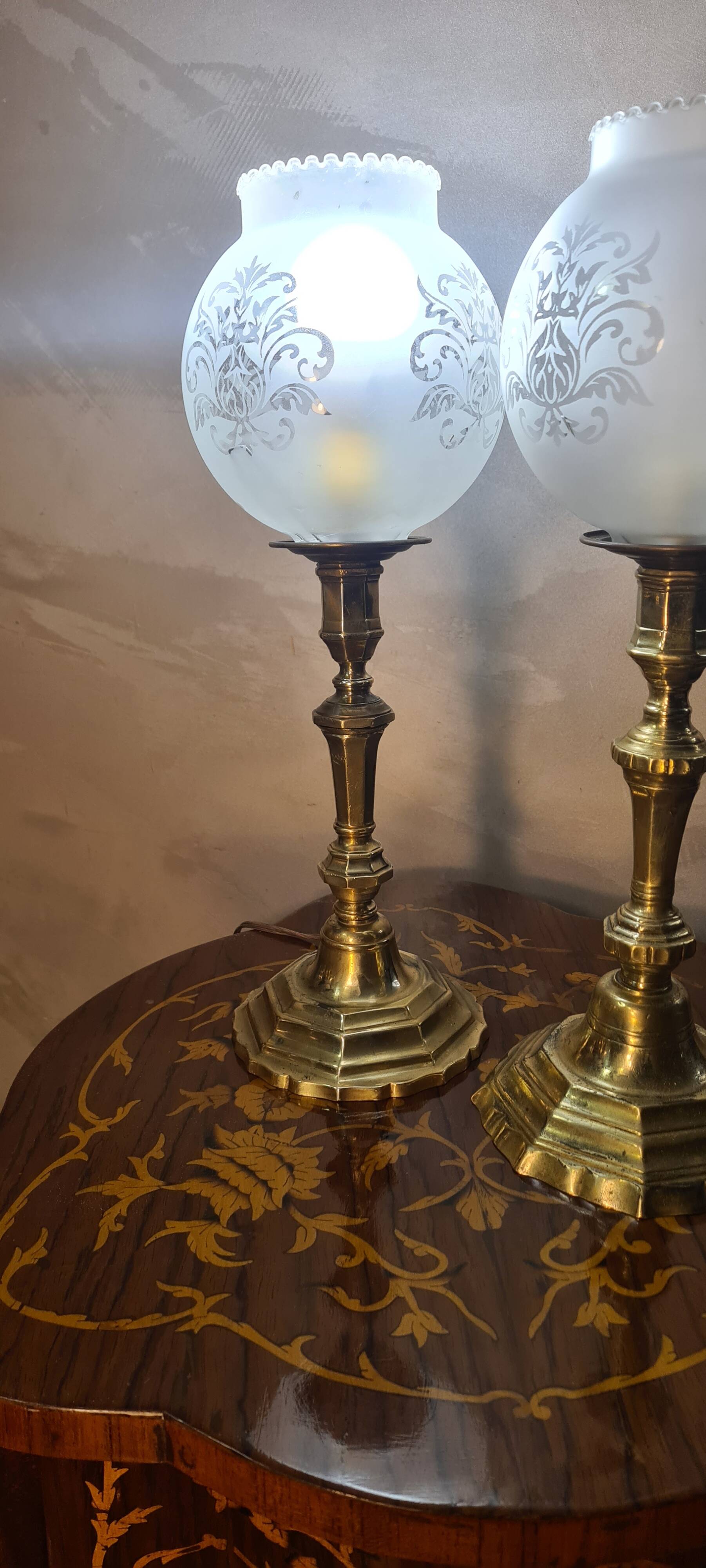 pair of art deco brass lamps with opaque etched glass 39x12