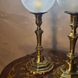 pair of art deco brass lamps with opaque etched glass 39x12