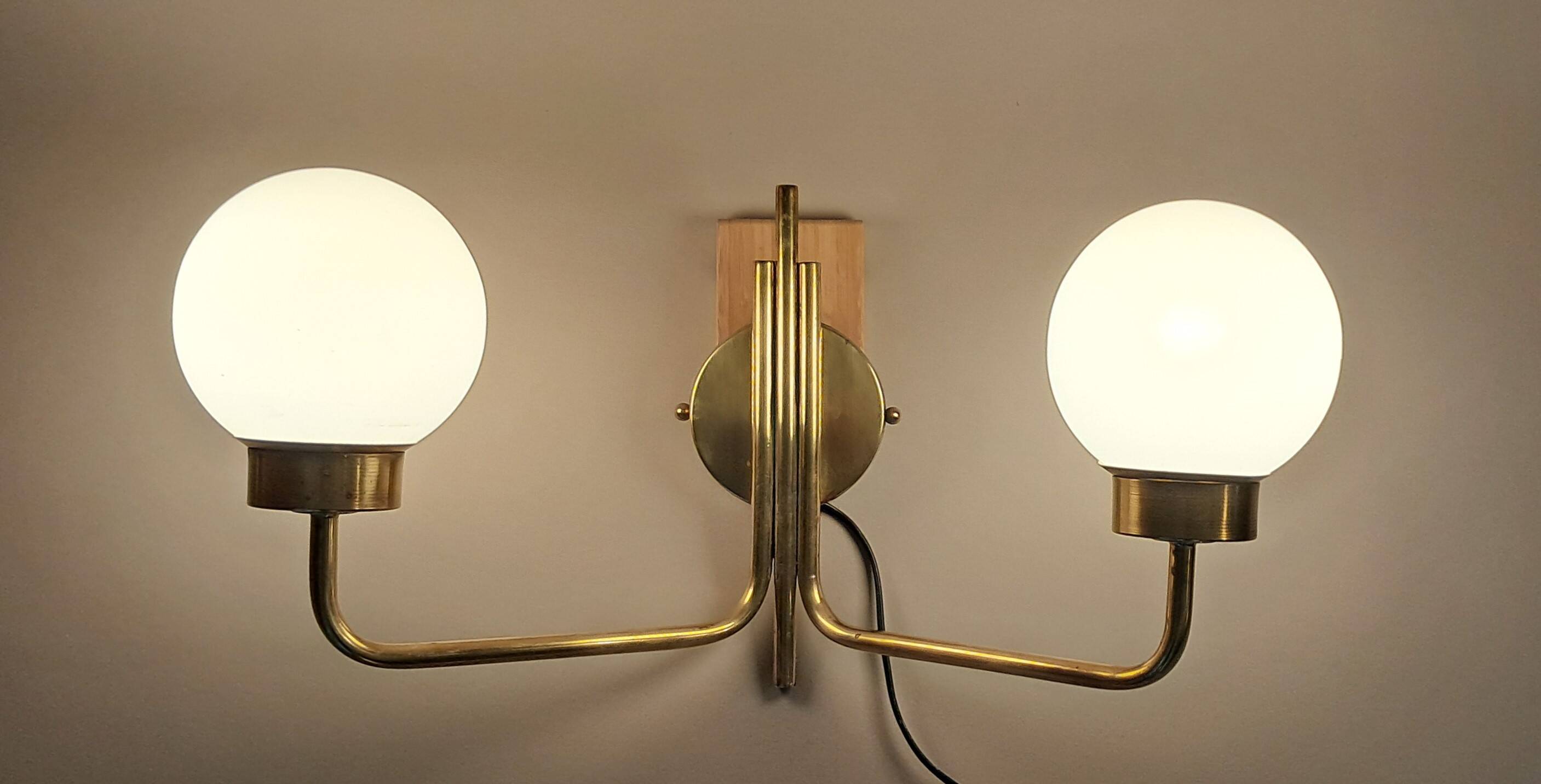 Brass and opaline two-light wall lamp, 1960