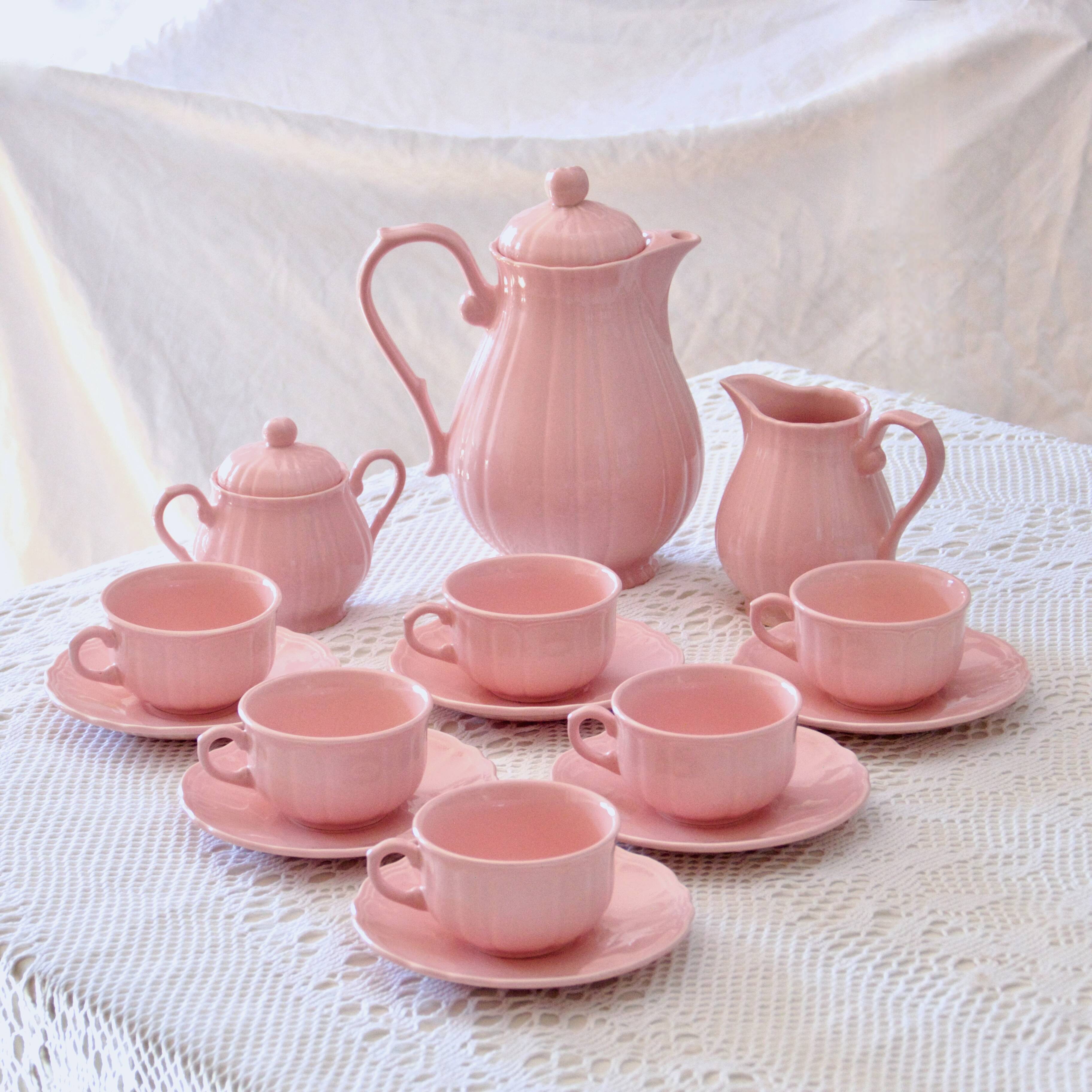 Old Salins-les-Bains coffee service in pink earthenware