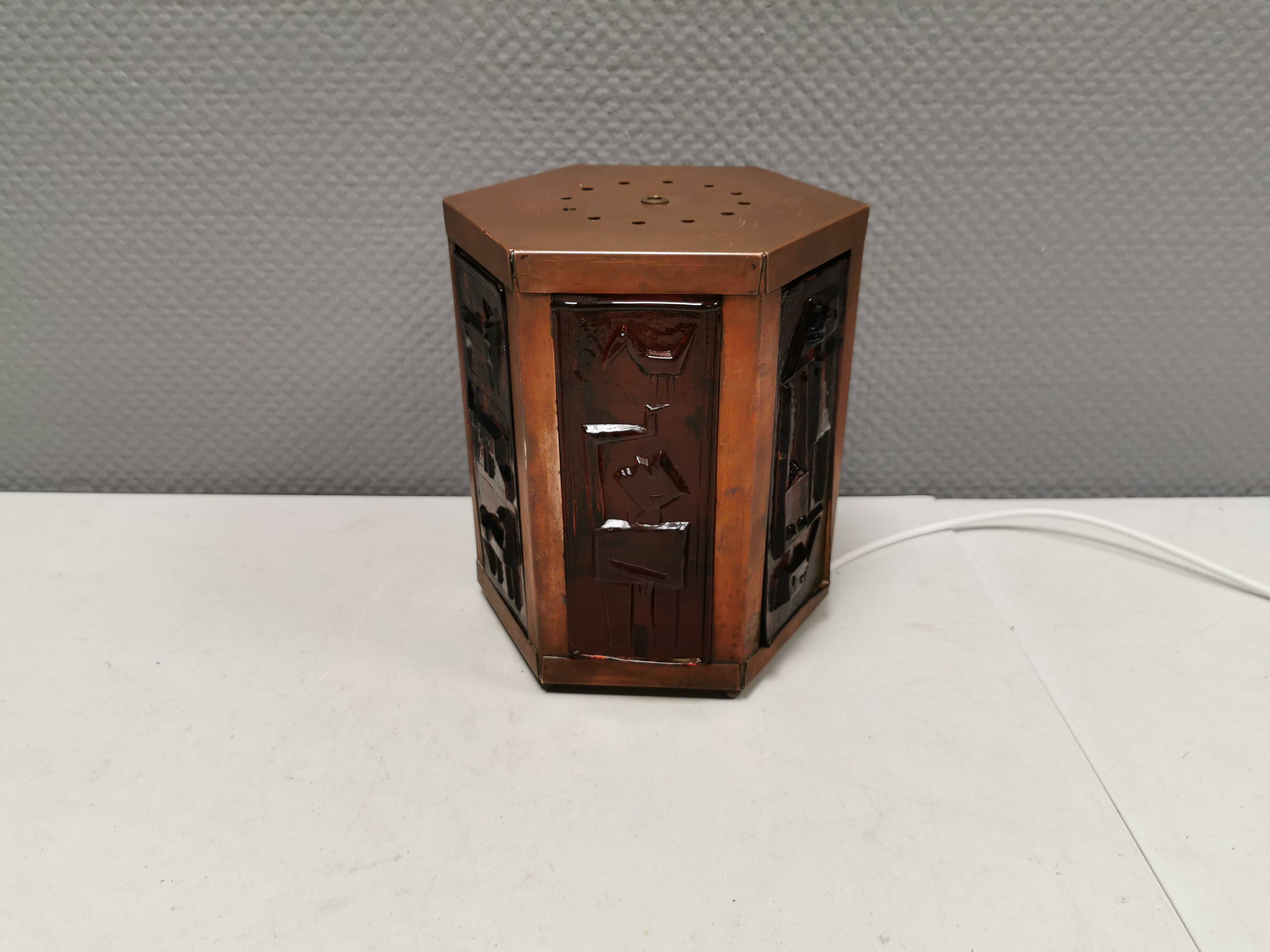 Swedish table lamp in copper and orange glass, by Erik Hoeglund 1960s