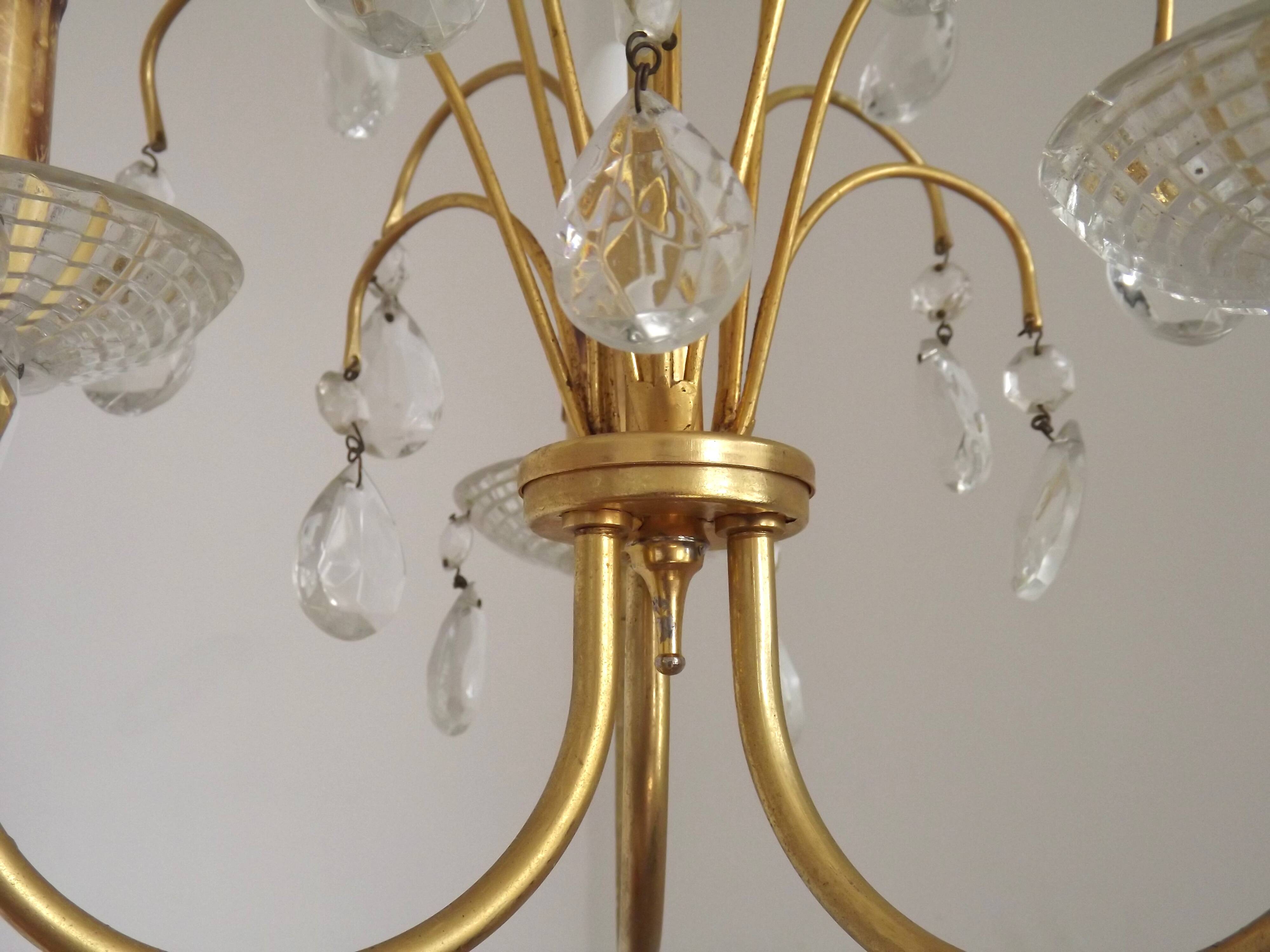 French Vintage Gold Effect Metal-Crystal 3 Light Chandelier Glass Bobeches