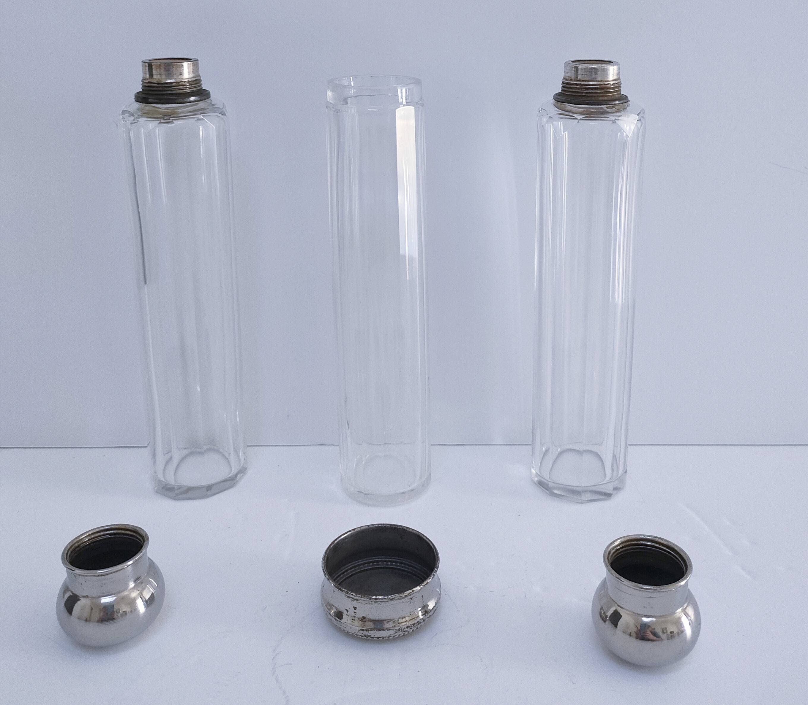Three Art Deco crystal chrome glass bottles