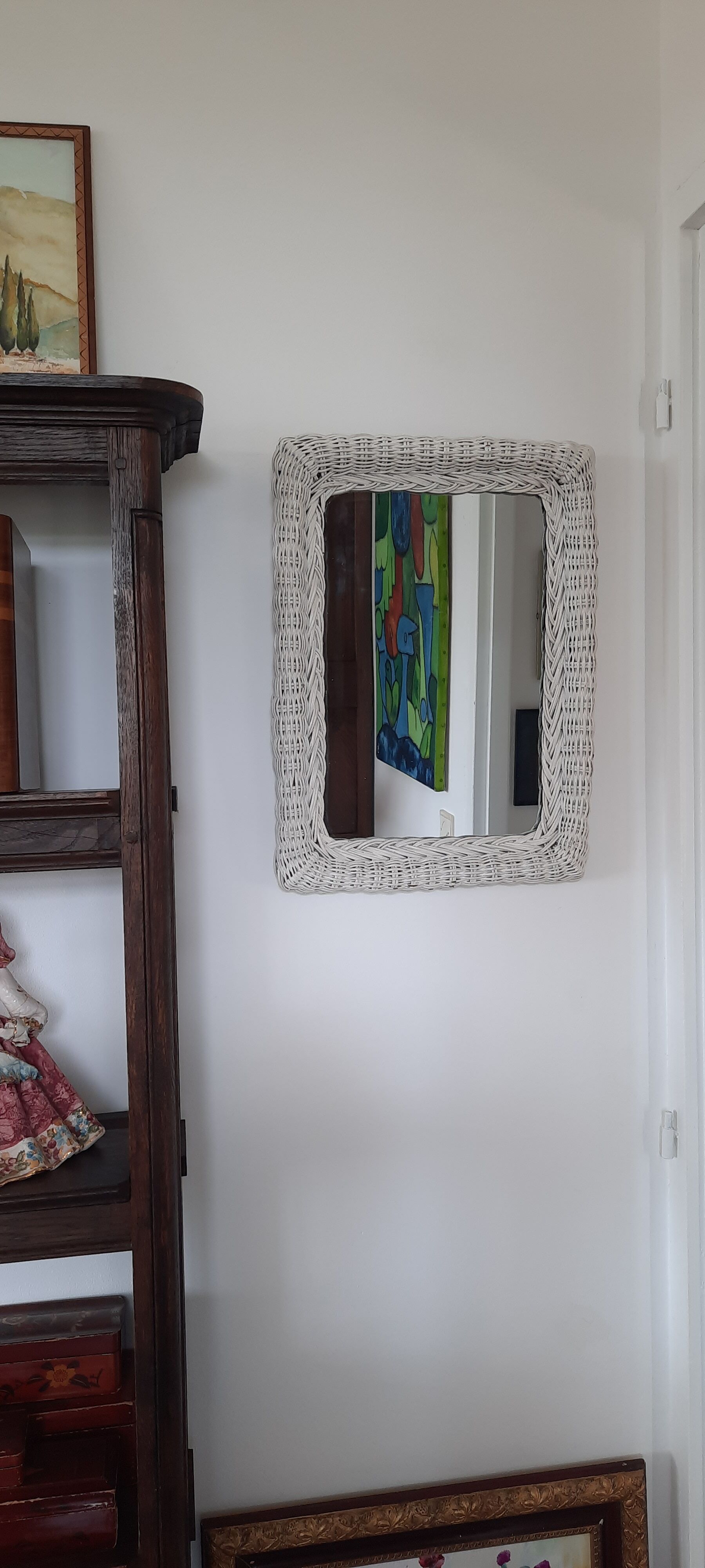 Rectangular mirror in vintage woven wicker rattan
