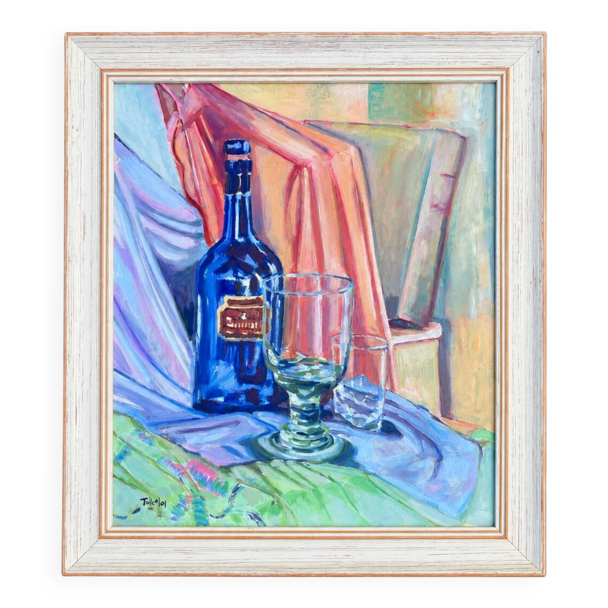 Still life with blue bottle and glass – Signed painting