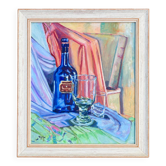 Still life with blue bottle and glass – Signed painting