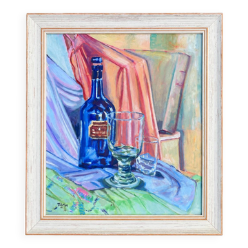 Tableau nature morte à la bouteille bleue et verre – Peinture signée