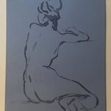 Signed watercolor painting on Denim paper portrait of a woman from behind "bath"