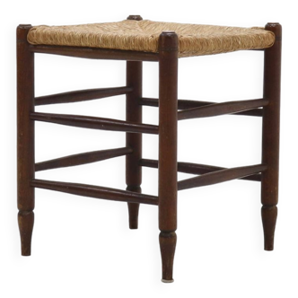 Tabouret français en chêne et jonc 1950