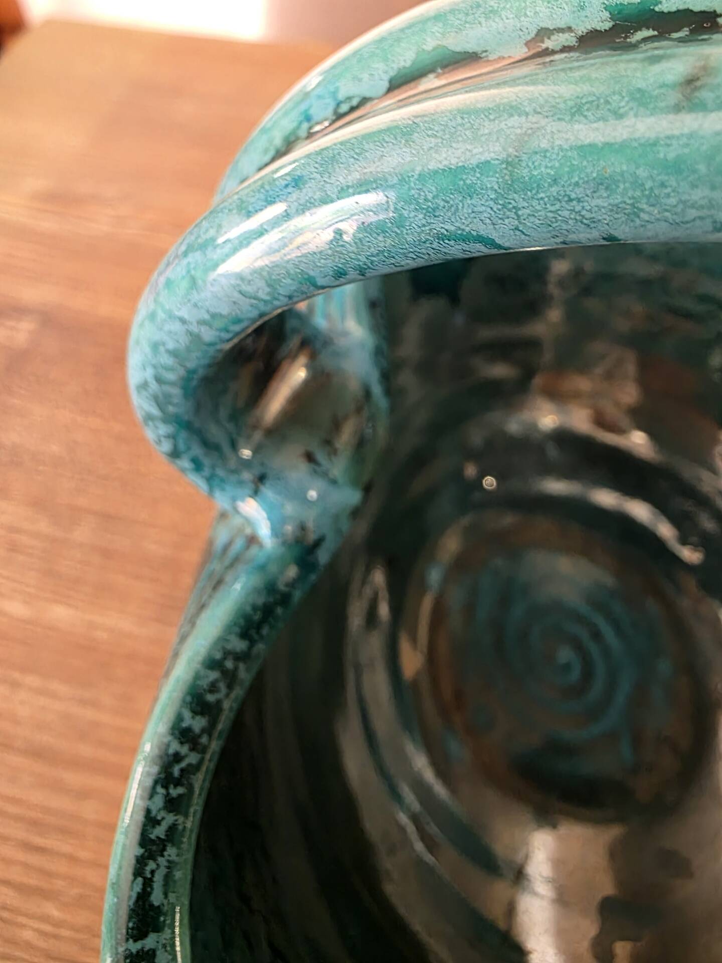 Vintage ceramic basket Accolay turquoise Signed Bull's Head X.C