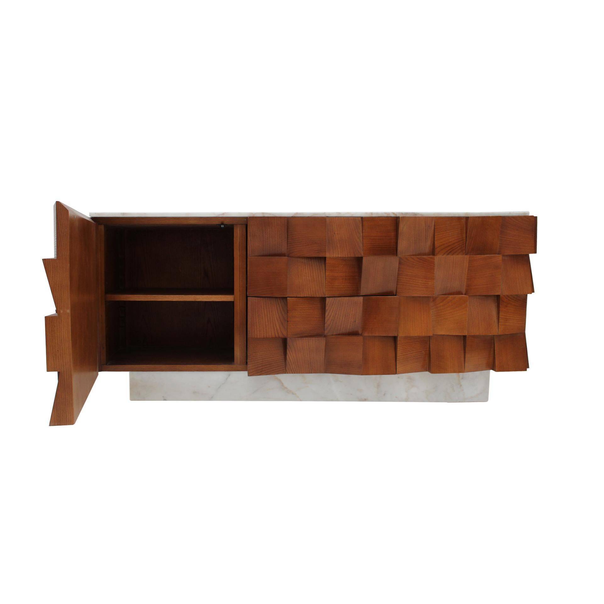 Brutalist Style Sideboard In Solid Wood and Siena Marble